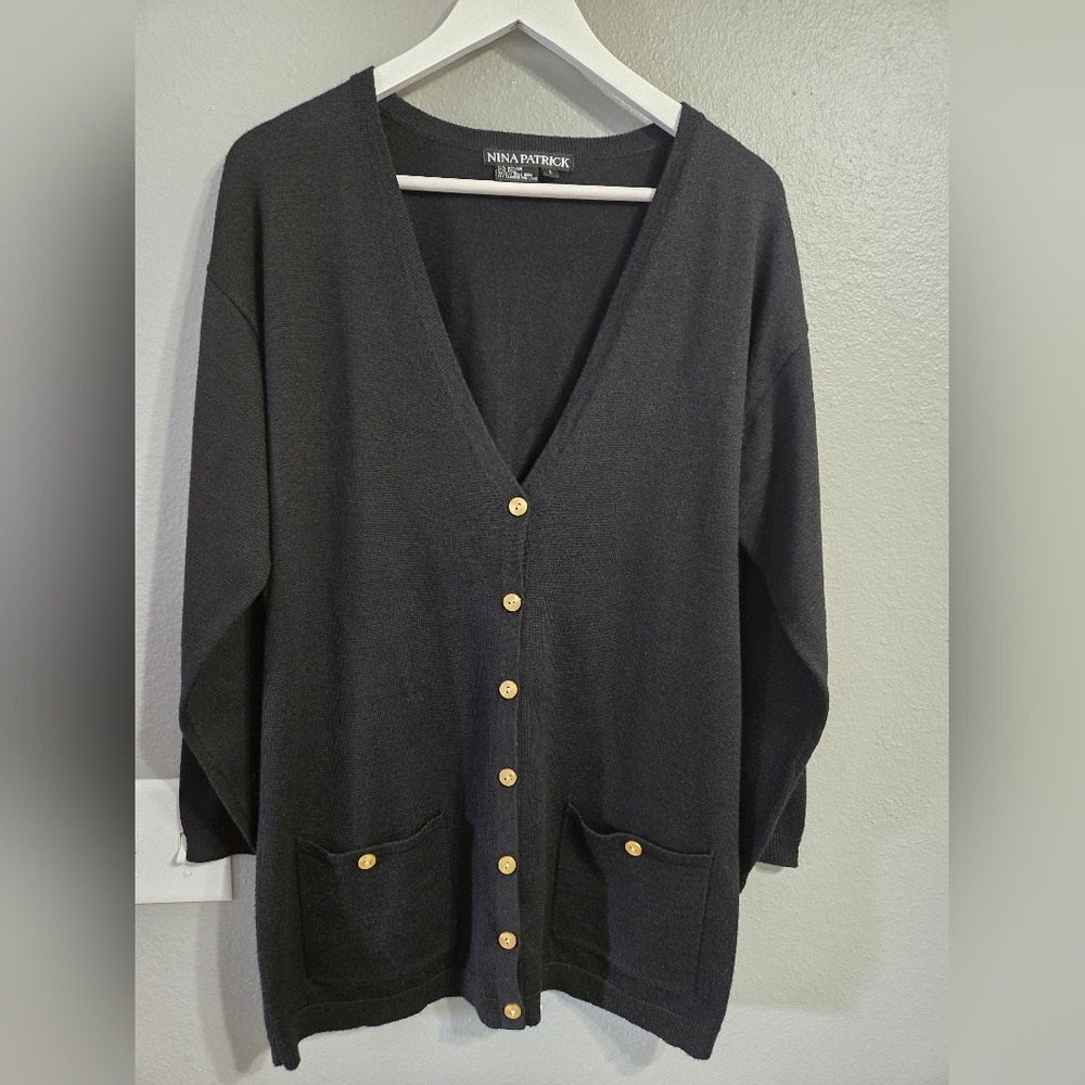 Nina Patrick Vintage Black Wool Blend Cardigan Size Large